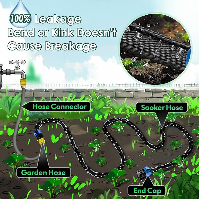 IPOW Thicken 25 ft + 25 ft Heavy Duty Double Layer Design Saves 80% Water Leak Proof Soaker Hose, Drip Watering Hose for Garden, Lawn, Flower Bed, Vegetable Field