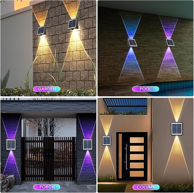 Solar Powered Outdoor LED Lights, Waterproof Wall Sconces, 2 LEDs Fence Lights, Up & Down Lighting for Backyard, Deck, Patio, Porch, Balcony, Garden (2 Pack)