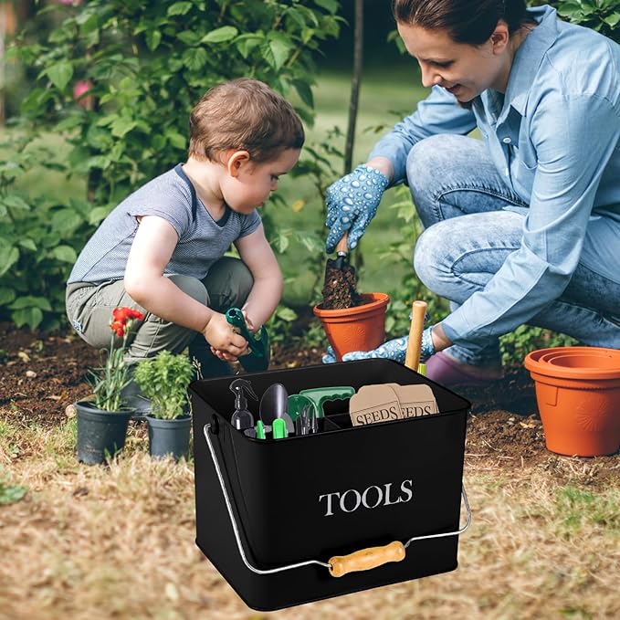 Metal Garden Tool Caddy, 3 Compartments Garden Tool Organizer with Handle, Garden Tool Box for Indoor and Outdoor, Gardening Tool Kit Holder Empty, Gardening Supplies, Gardener Gift (Black)