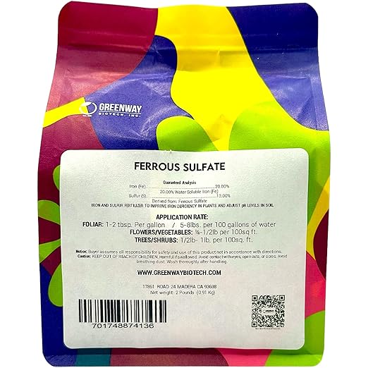Greenway Biotech Ferrous Sulfate Heptahydrate Fertilizer Includes 20% Iron (Fe) 12% Sulfur & 100% Water Soluble Powder- Organic Lawn Fertilizer for Vegetables and Plant Growth - 2 Pounds