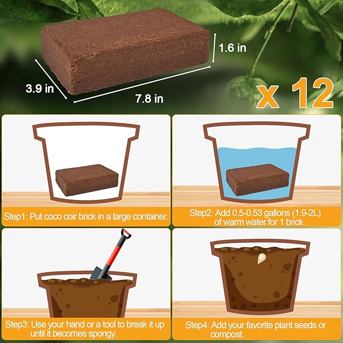 Organic Coco Coir 12 Pcs Compressed Coconut Coir Bricks Coconut Fiber Husk Substrate Mulch Coconut Bark Core Growing Medium Peat Moss Soil High Nutrition for Plants Gardening Seed Starting Soil Mix