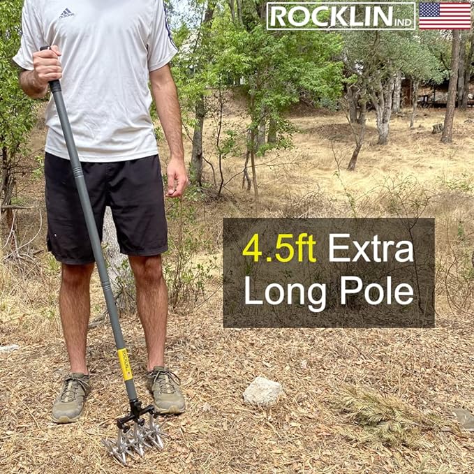 Rocklin Rotary Cultivator Tool - 60” Extra Long Handle - Reinforced Tines - Reseeding Grass or Soil Mixing - All Metal, No Plastic Structural Components - Cultivate Easily