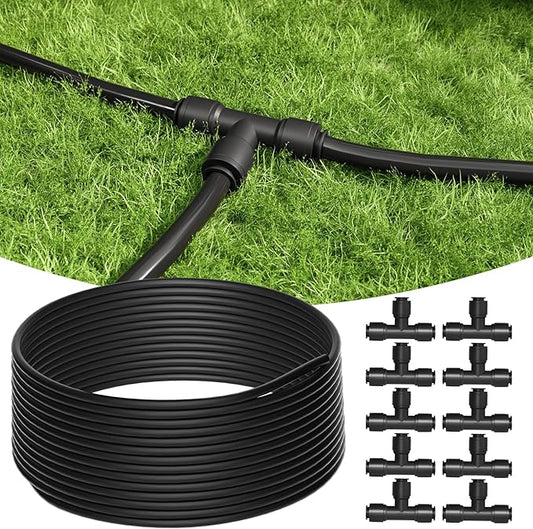 MIXC 100FT 1/4 inch Blank Distribution Tubing With 10 packs 1/4" Drip Irrigation Tee Connectors,Suitable For Quick Connector Irrigation Systems