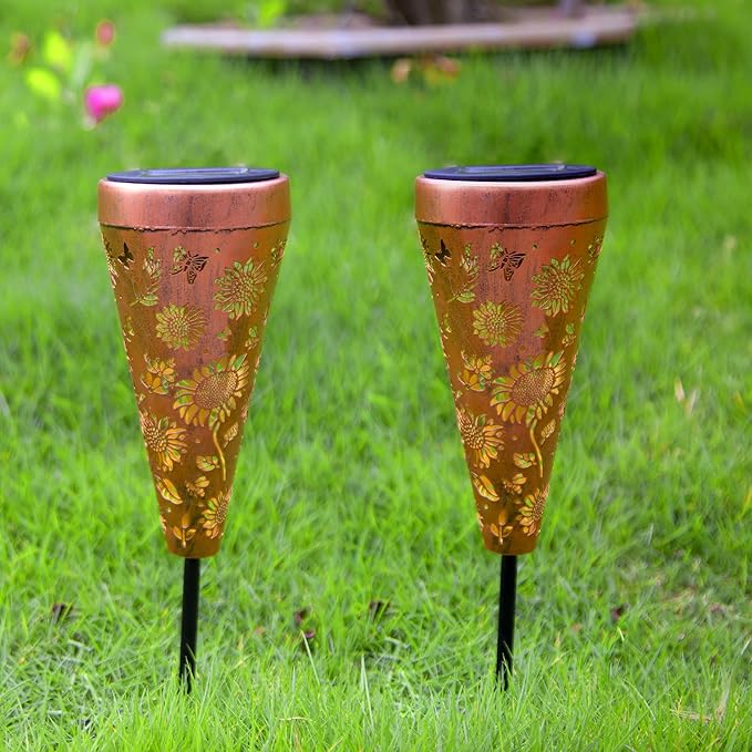 2 Pack Sunflower Solar Pathway Lights Outdoor, Waterproof Solar Walkway Lights Garden Decor, Pathway Landscape Lights for Backyard Patio Path Yard Lawn Walkway