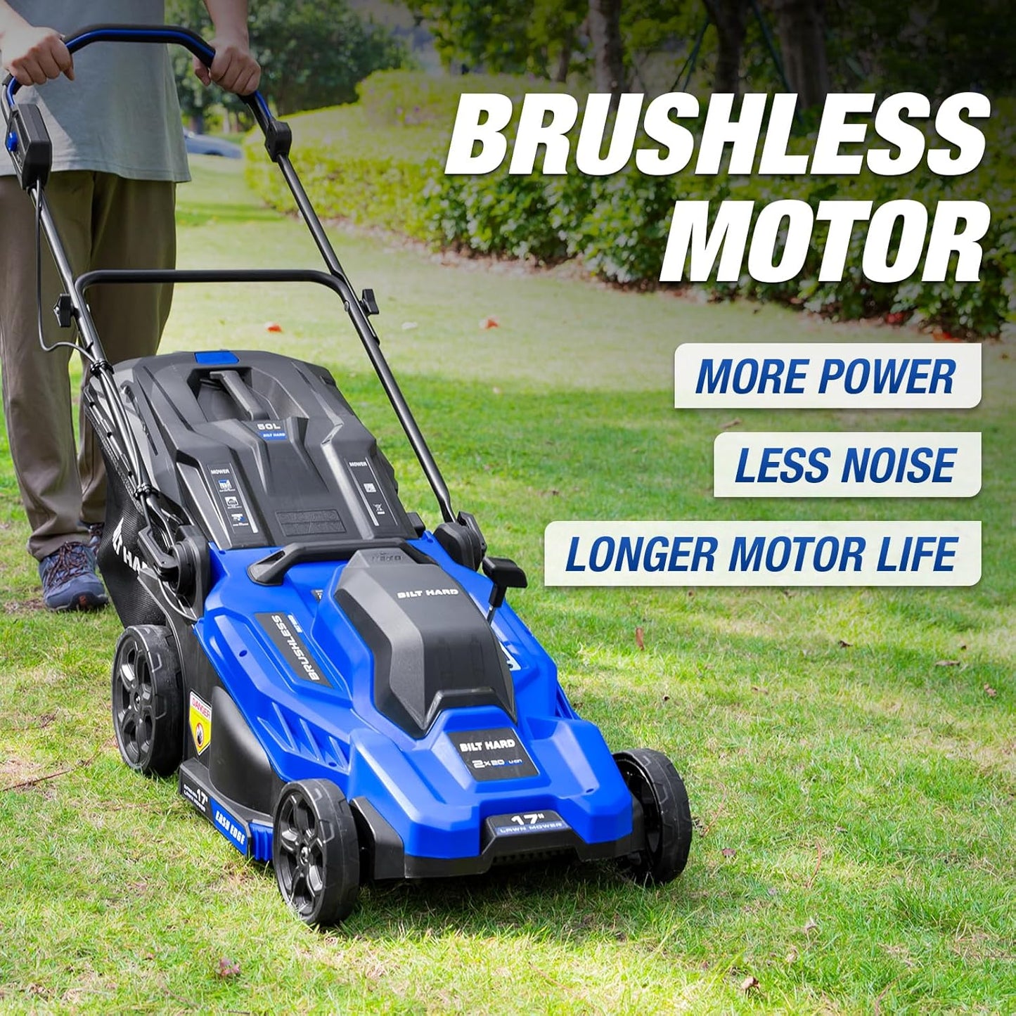 BILT HARD 40V 17" Brushless Cordless Lawn Mower, 2-in-1 Electric Lawn Mower, Push Lawnmower with 6-Position Height Adjustment, 2 x 4.0Ah Batteries & Dual Charger Included