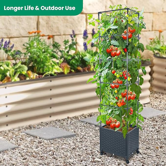 GREEN MOUNT Raised Garden Bed Planter Box with Trellis for Climbing Vegetables Plants, 67.6" Outdoor Tomatoes Planters Tomato Cage w/Wheels
