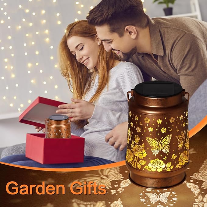 Butterfly Solar Lanterns Outdoor Waterproof Rose Garden Decor Gifts for Women Mom Grandma Hanging Solar Lights Metal Solar Decoration Outside for Yard, Patio, Backyard, Porch