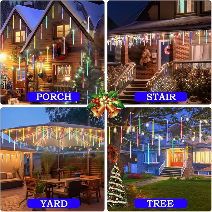 Meteor Shower Lights, 12 Inch 10 Tube 360 LED Multicolor Christmas Lights, Rain Falling Raindrop Lights for Outdoor Xmas Patio Garden Roof Eaves Decoration
