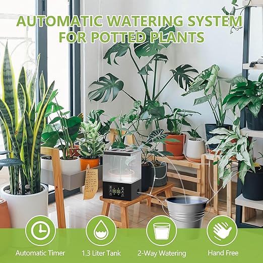 Automatic Watering System for Potted Plants,2 in 1 Automatic Drip Irrigation Kits Indoor 1.3L Tank Plant Watering System for Plants w/Programmable Water Timer,Auto & Manual Watering Mode & LED Display