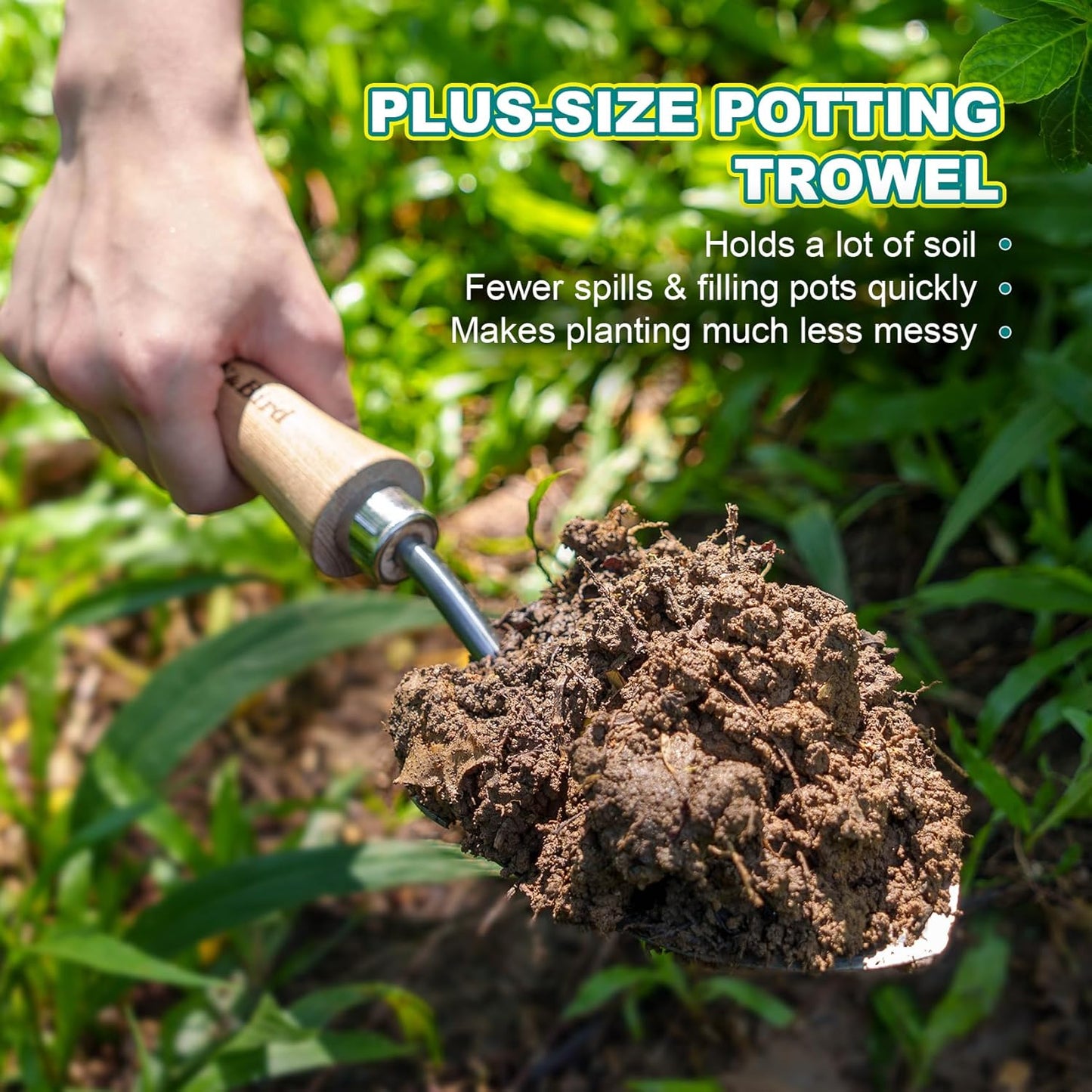 Berry&Bird Weeding Trowel, Multi- Use Hand Shovel with Serrated Blade Stainless Steel Garden Trowel Plus Size Potting Trowel with Wooden Handle for Transplanting, Digging, Measuring, Cutting Roots