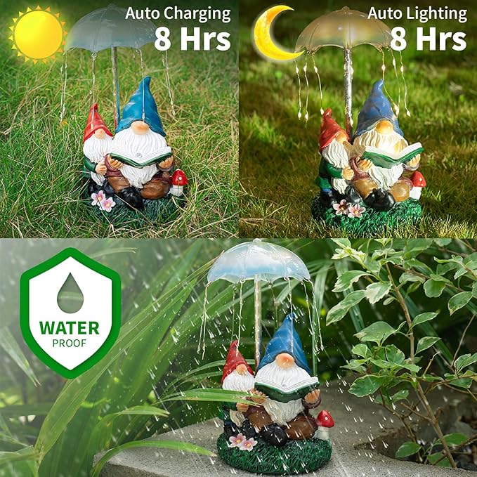 mopha Garden Gnomes Statues Outdoor Decor Gifts, Resin Figurines Outside Decoration Ornaments Clearance Gardening Decoration, Solar Powered Umbrella Fireworks Lights