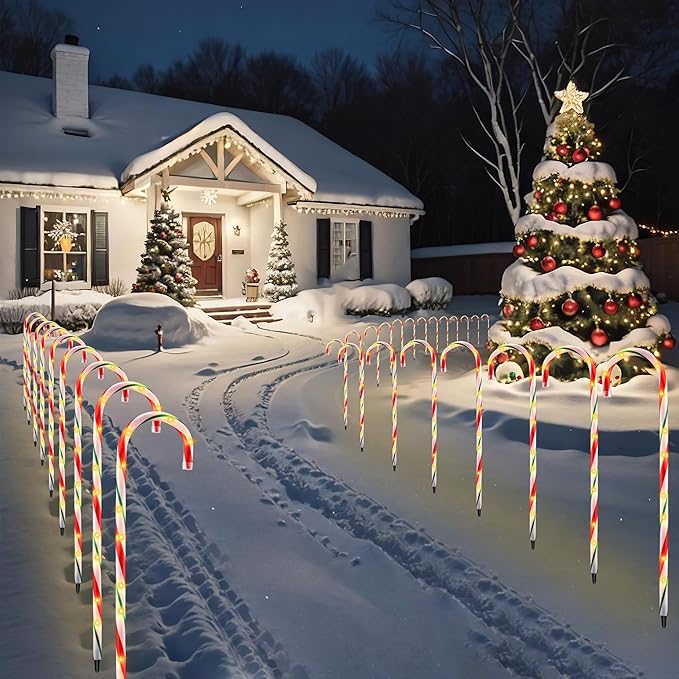 26" Candy Cane Lights Christmas Decorations - 10 Pack Pathway Markers Outdoor Yard Decorations, Candy Cane Lights for Walkway, Lawn, Garden, Xmas Indoor Ornaments, Red & Green (100 Lights Bulbs)