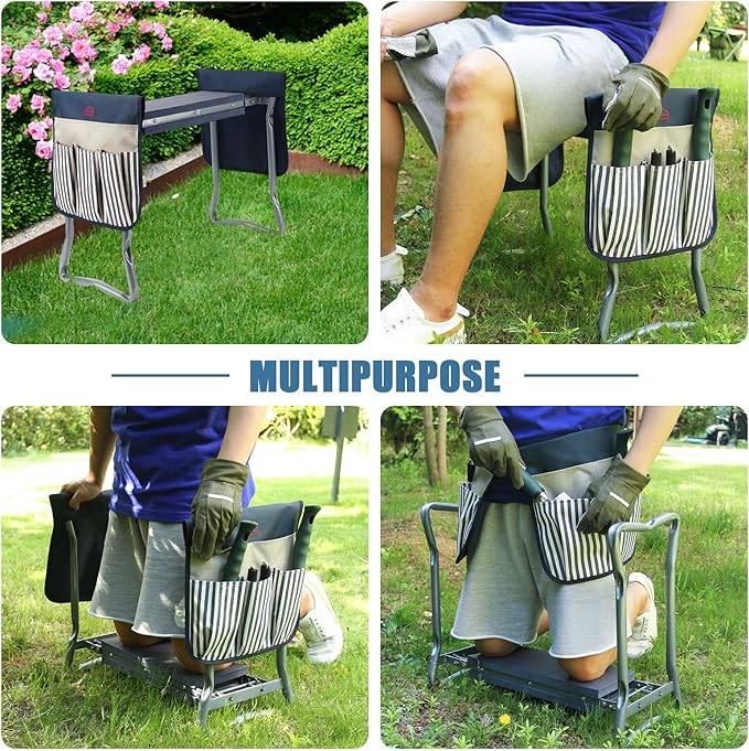 G GOOD GAIN Gardening Stool Widen Soft Kneeling Pad Garden Kneeler and Seat with 2 Larger Tool Pouches Outdoor Foldable Sturdy Gardening Tools Gifts for Gardeners, Navy