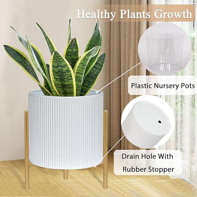 ARNIS Modern Planter Pots, Set of 2 Round Large Planters with Stand, Decorative Floor Planters, Metal Pots with Drainage Holes for Living Room, Office, Garden or Balcony, 8.25 &10.5 Inch, White & Gold