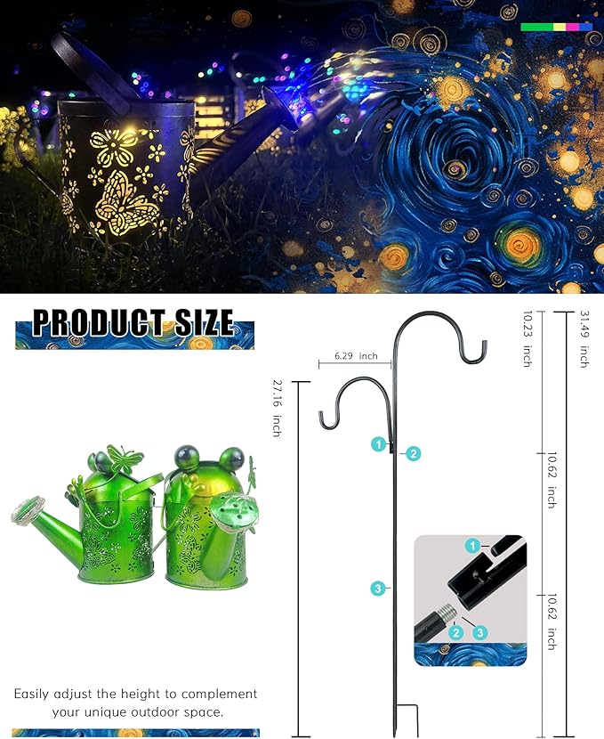 Solar Watering Can with Colorful Lighting, Waterproof Garden Decor, Birthday Gifts for Mom Grandma (Frog, 32 inch Shepherd Hook)