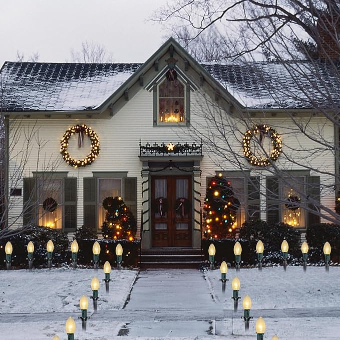 C9 Christmas Pathway String Lights, 38Ft Clear Pathway String Lights Outdoor with 25 Clear Bulbs and Stakes, Waterproof Walkway Lights for Outside Driveway Sidewalk Outdoor Christmas Decorations