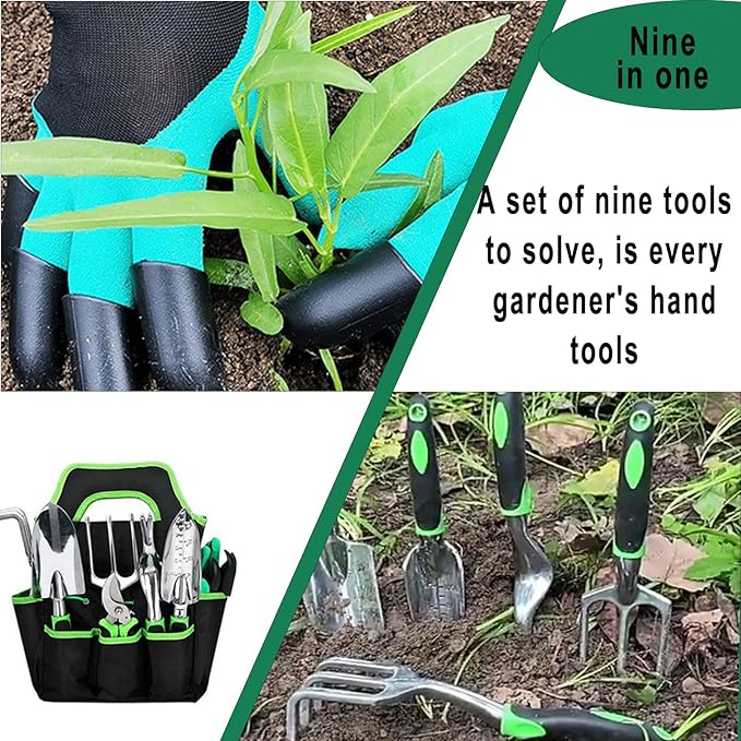 Garden Tool Set with Non Slip Rubber Grip,9 Piece Stainless Steel Gardening Tool Sets,Heavy Duty Outdoor Hand Tools Durable Storage Tote Bag,Uprooting Weeding Tool, Gifts for Women Men Children Green