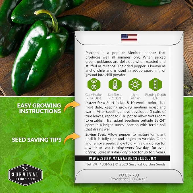 Poblano Pepper Seed for Planting - 2 Packets with Instructions to Plant and Grow Ancho Chiles in Your Home Vegetable Garden - Non-GMO Heirloom Variety - Survival Garden Seeds