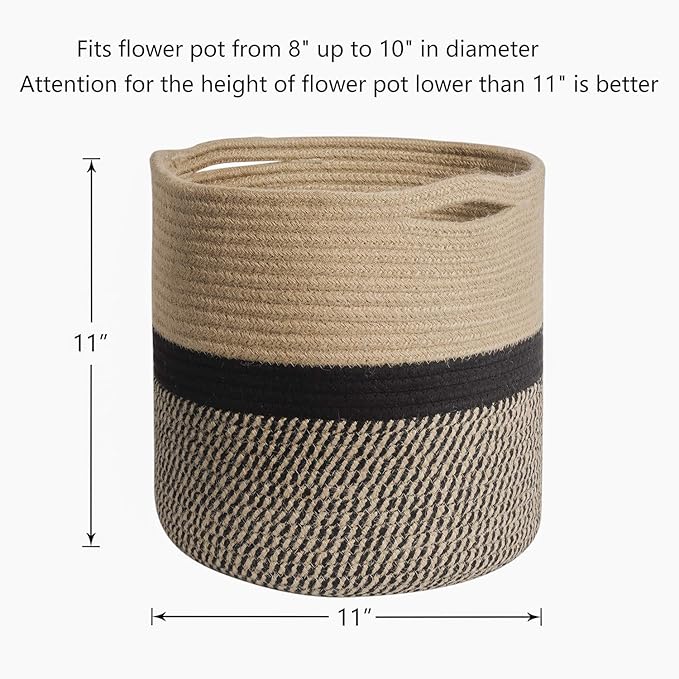 TIMEYARD Sturdy Jute Rope Plant Basket Modern Woven Basket for 10" Flower Pot Floor Indoor Planters, 11” x 11” Storage Organizer Basket Rustic Home Decor, Black and Beige Stripes