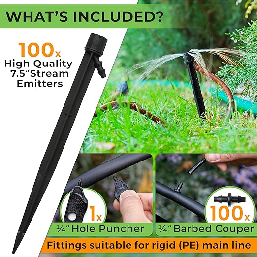 CARPATHEN Drip Irrigation Emitters Sprayer - 100 Black Drip Emitters for Irrigation Kit - ¼ Irrigation Tubing Compatible - 360 deg Adjustable Drippers for Drip Irrigation - Fit for Raised Garden Bed