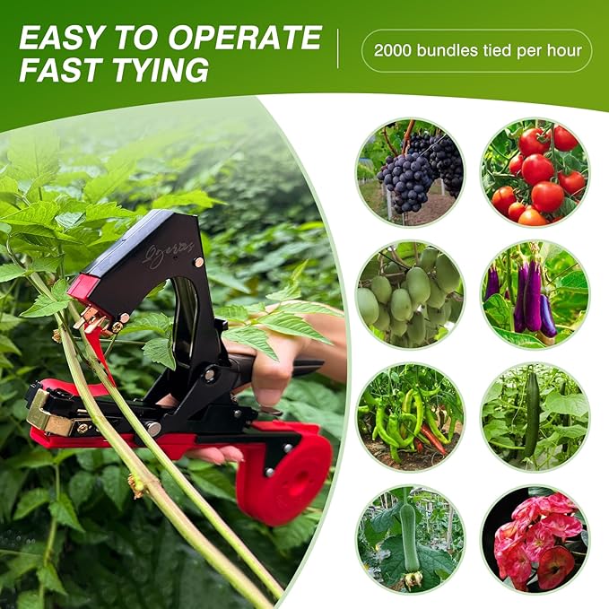 Plant Tying Machine,New Update Lightweight Plant Tying Tape Tool to Tie Up Vine Quickly, Plant Tie Tapener Gun with Tapes and Staples Red