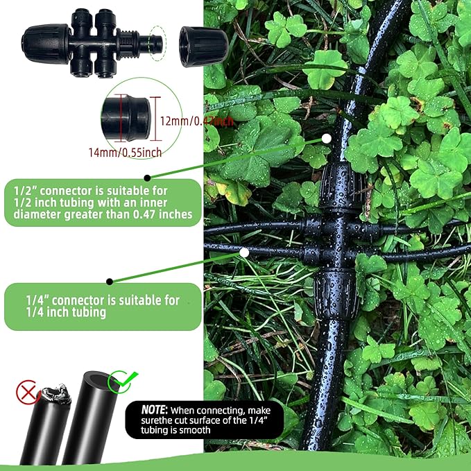 4 Pack 1/2'' to 1/4'' Drip Irrigation Fittings, Push-to-Fit 6 Way Drip Irrigation Part Barbed Tee Connectors, Anti-Leak Locked Splitter Fitting for 1/2" Irrigation Tubing (0.6''-0.67''OD)