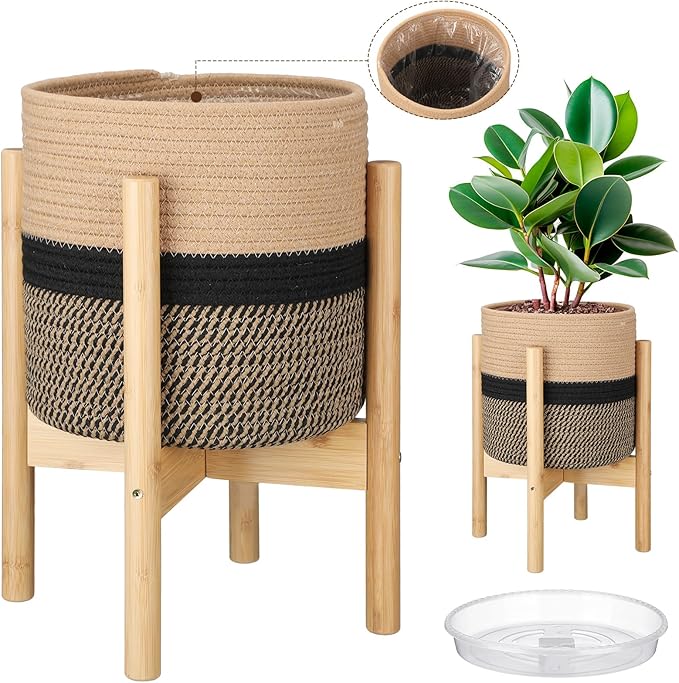 Plant Basket with Stand Indoor Planter Pot Holder Sturdy Jute Rope Modern Woven Basket, Cotton Rope Woven Pot with Bamboo Stand(10 Inch,Black and Beige Stripes)