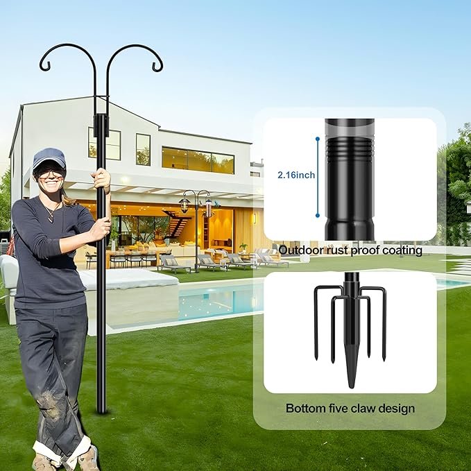 Ottsuls Bird Feeder Pole, 2 Pack 60 INCH Double Shepherds Hooks for Outdoor, Garden Pole with 5 Base Prongs Heavy Duty Planter Hooks for Hanging Plant Baskets, Lantern, Hummingbird Feeder