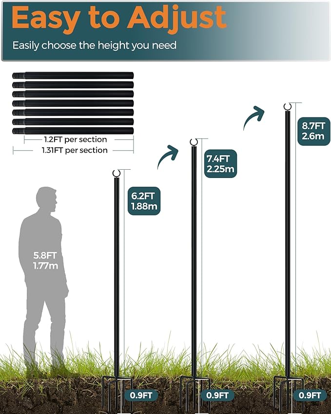 LAND·VOI Metal String Light Poles for Outside Hanging - Backyard, Garden, Patio, 2 Pack Lighting Stand with Adjustable Height for Outdoor Parties, Wedding, Extra-Long 5-Prong Claws, (9.6FT) FLP02B