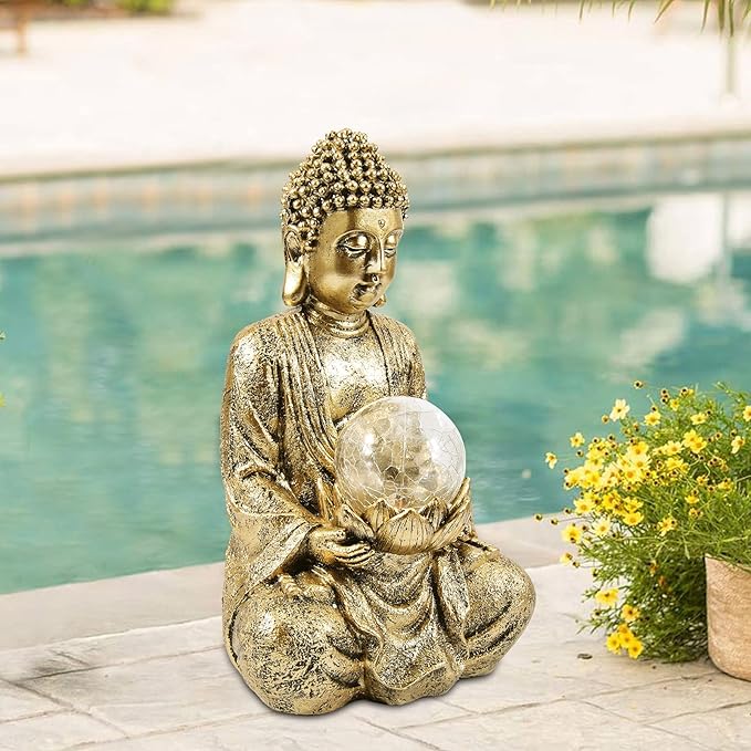 Nacome Meditating Buddha Statue with Solar Light,Zen Solar Garden Buddha with Cracked Glass Ball Sculpture-Indoor/Outdoor Decor for Balcony,Garden,Patio,Porch Yard Art Ornament,10.5 inch(Gold)