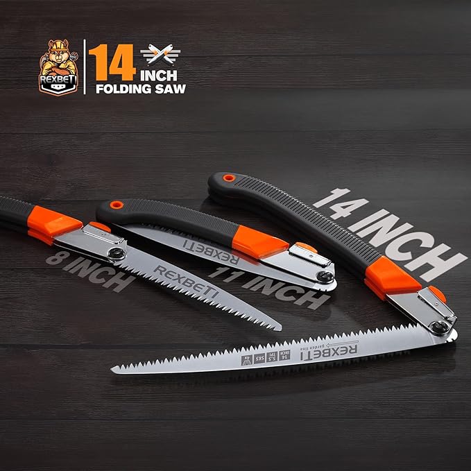 REXBETI Folding Saw, Extra Long 14 Inch Blade Backpacking Saw for Hiking Camping, Dry Wood Trimming Pruning Saw With 4 Cutting Angle Hard Teeth, Large Folding Saw with SK-5 Steel
