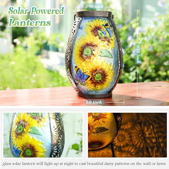 MUMTOP Solar Lanterns Outdoor Waterproof Sunflower Solar Powered LED Lights Hanging Solar Lantern Metal Decorative for Patio Table Garden Outside Yard Backyard