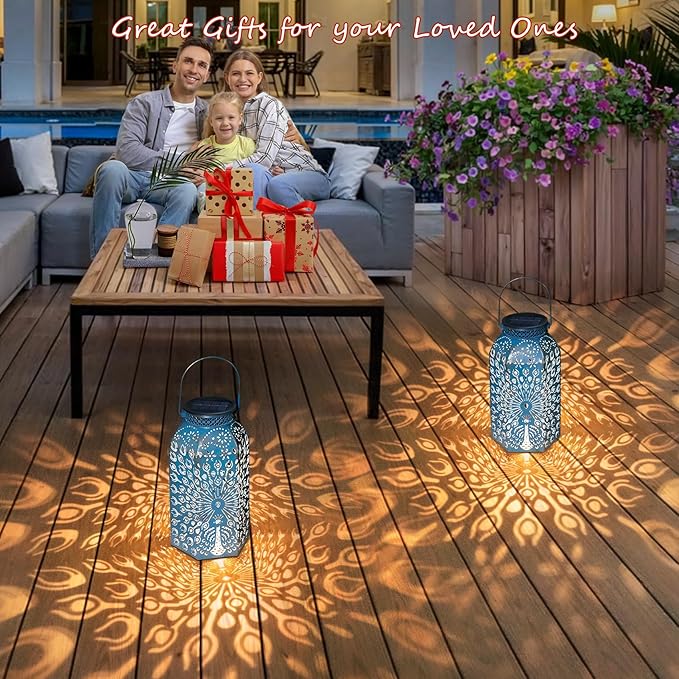 Outdoor Solar Lanterns Waterproof Peacock Garden Gifts Women Mom, Big Solar Lights, Garden Decor, Yard Art, Outside, Patio Ornaments, Birthday, Mothers' Day Birthday Gifts (2Pack, Blue Gold