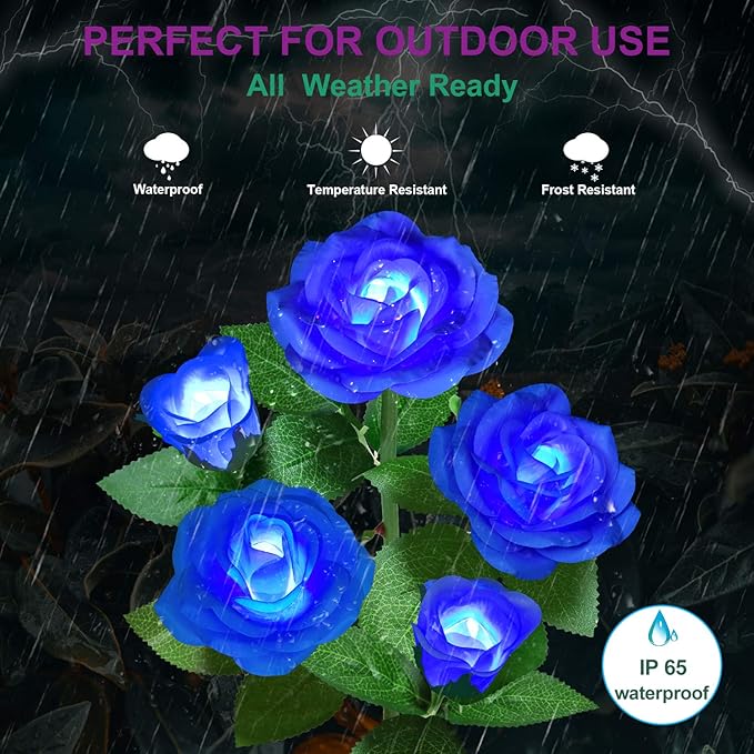 Solar Flower Lights Outdoor - Upgraded New Material Two Modes Realistic LED Solar Powered Waterproof Lights with 5 Roses, Solar Decorative Stake for Garden (Blue, 2 Pack)