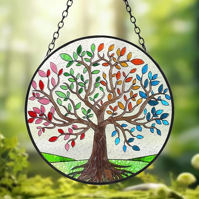 Tree of Life Suncatchers Stained Glass Window Hangings Ornaments, 6.3''* 6.3'' Hand-Painted Vibrant Color Family Tree Sun Catcher Memorial Gifts for Women,Christmas Decor Gifts