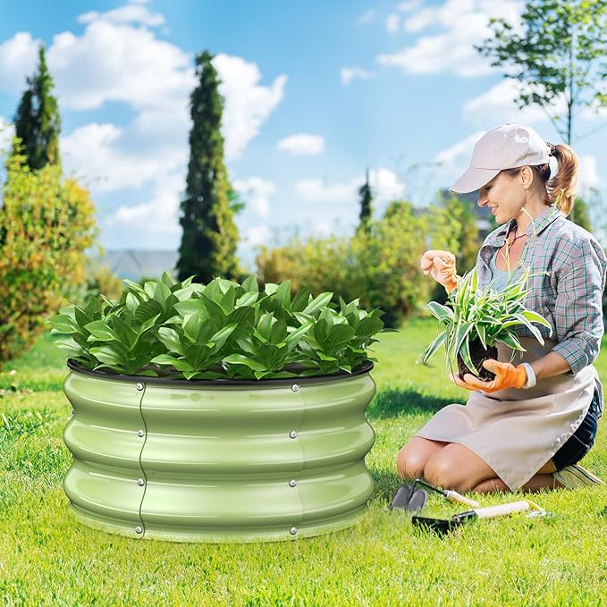 2pcs 2x2x1 FT Galvanized Raised Garden Bed Kit, Round Raised Garden Beds Outdoor Raised Beds for Gardening, Planter Boxs for Vegetables Flower Herb(Pearl White & Sage Green)