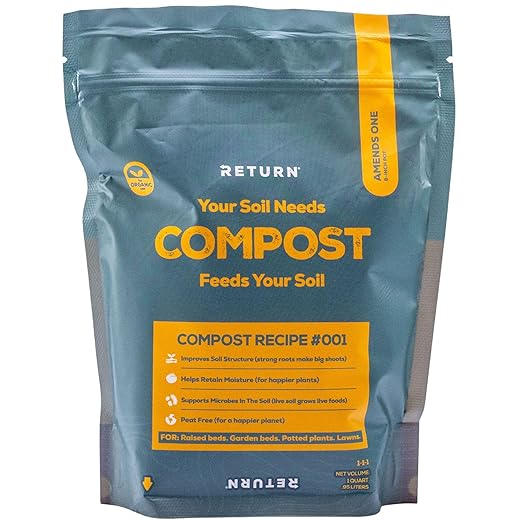 Return Organic Compost #001, 1-QT Pouch, Fertilizer for Indoor & Outdoor Garden Soil Beds, Plants & Vegetables, Potting Soil, Raised Beds, Lawns, Peat Free, OMRI Listed