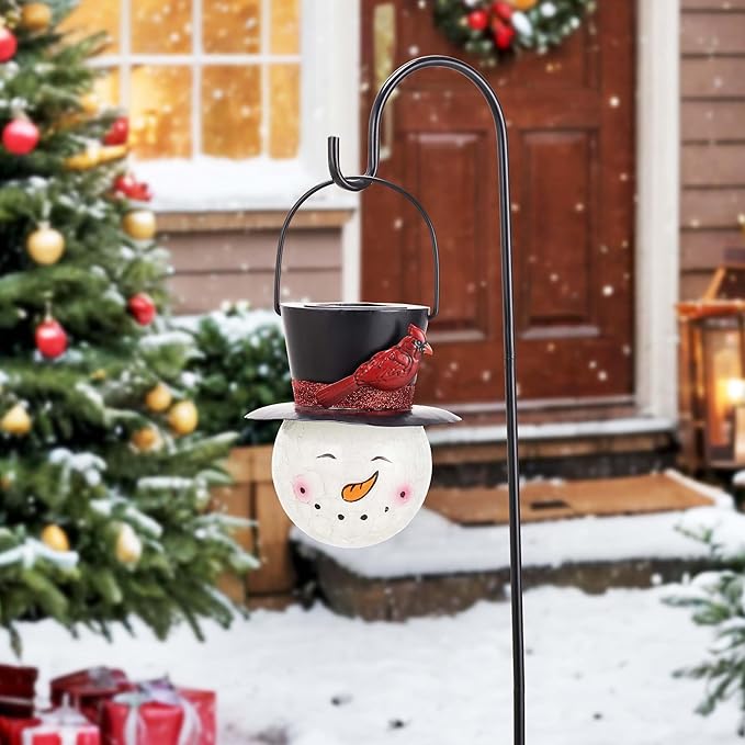 TERESA'S COLLECTIONS Outdoor Christmas Decorations for House, 36'' Snowman Glass Solar Lantern Stake with Black Cardinal Hat, Xmas Solar Christmas Lights for Garden Party Decor