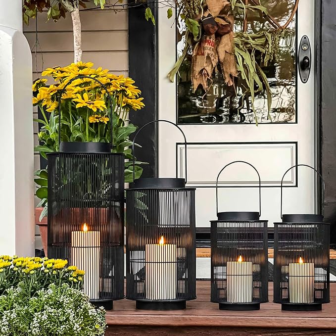 LampLust Outdoor Lantern Decorative Outdoor Patio Decor, Set of 2, 8 Inch Candle Lanterns, Black Metal, Outdoor Lanterns for Patio Waterproof, Battery Included, Modern Farmhouse Front Porch Décor