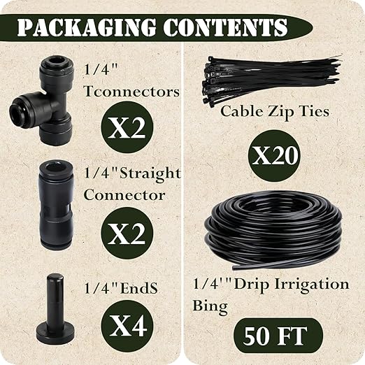1/4in. Drip Irrigation Tubing - 50FT Drip Line Irrigation System Parts for Garden(Includes 1/4" Straight Connector, Ends, T Connectors, Cable Zip Ties)