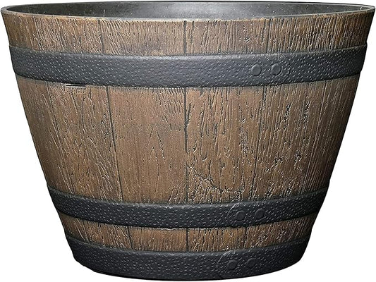 Classic Home and Garden Whiskey Plastic Resin Flower Pot Barrel Planter, Walnut Brown, 15"