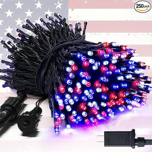 JMEXSUSS 4th of July Decorations 250 LED Red White and Blue Fairy String Lights, 4th of July Lights Outdoor with 8 Modes, 91.5ft Connectable Patriotic Lights Waterproof for Home Yard Patio Party Decor