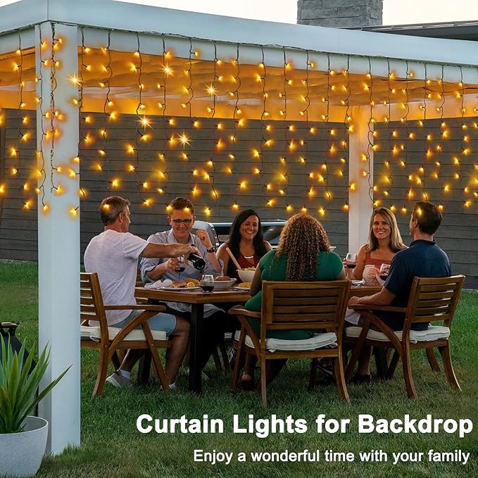 Solar Powered Curtain Lights 33ftx 3ft 500 LED Outdoor Curtain Lights Waterproof with Remote Timer for Garden Patio Fence Wedding Wall Gazebo Decor - Warm White