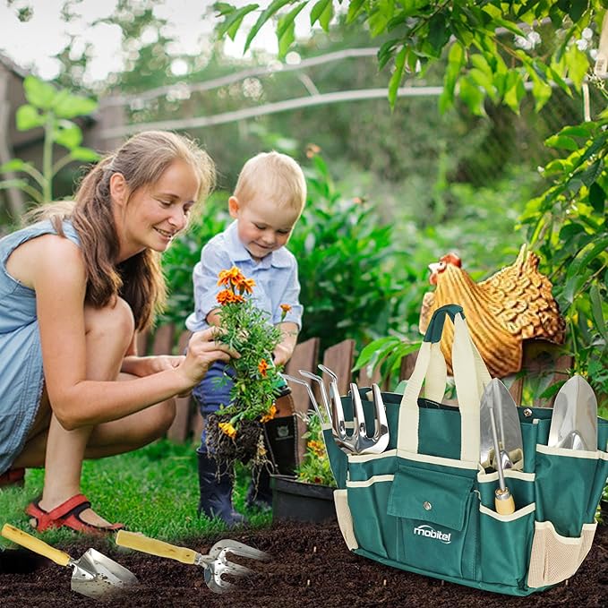 7 Piece Garden Tool Set Including Folding Stool with Tool Bag, All in ONE Gardening Tool Kit Gifts for Women & Men