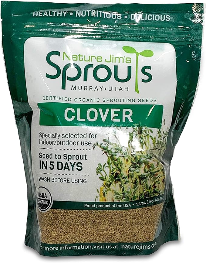 Nature Jims Sprout/Sprouting Seeds, Clover – Organic Non-GMO Premium Resealable Bag for Longer Freshness Rich in Vitamins, Minerals, Fiber, 16 oz
