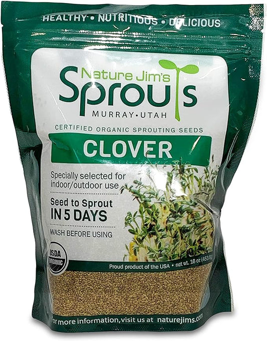Nature Jims Sprout/Sprouting Seeds, Clover – Organic Non-GMO Premium Resealable Bag for Longer Freshness Rich in Vitamins, Minerals, Fiber, 16 oz