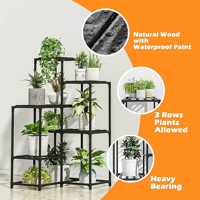 Bamworld Plant Stand Outdoor Black Corner Plant Shelf/Holder for Living 7-Tier Stands Room Plant Rack Multiple Plants Patio Balcony Garden