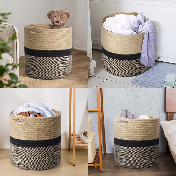 TIMEYARD Sturdy Jute Rope Plant Basket Modern Woven Basket for 11" Flower Pot Floor Indoor Planters, 12.5'' x 12.5'' Storage Organizer Basket Rustic Home Decor, Black and Beige Stripes