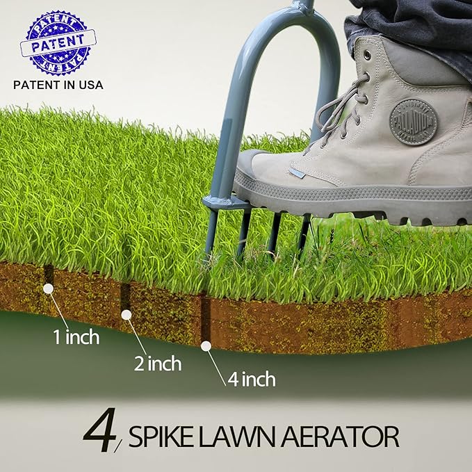 Walensee Lawn Spike Aerator, T-Handle, Manual Dethatching and Soil Aerating Tool with Four Iron Spikes, 35.5 Inches, Grey