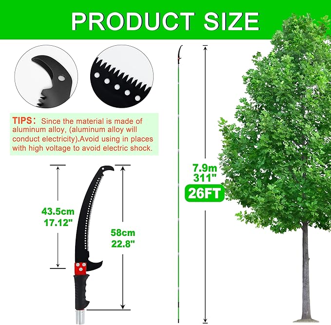 Tree Trimmer, Pole Pruning Saw, Extended Multi-Stage Pole Saw, Gardening Tools Pruner Hand Pole Saw For Yard(Green 26FT)